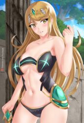 1girls ass back bangs bikini bikini_top blonde_hair blush breasts curvy eyebrows_visible_through_hair female female_focus fuzzlogik gem hair_ornament headpiece jewelry large_breasts latex long_hair looking_at_viewer mythra_(xenoblade) nintendo outdoors sky smile solo swept_bangs swimsuit tiara tree very_long_hair wooden_wall xenoblade_(series) xenoblade_chronicles_2 yellow_eyes