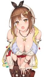 1girls atelier_(series) atelier_ryza bent_over blush breasts brown_eyes brown_gloves brown_hair brown_legwear cleavage female gloves hair_ornament hairclip hands_on_own_thighs hat highres jewelry large_breasts legwear looking_at_viewer necklace open_mouth red_shorts reisalin_stout short_hair short_shorts shorts simple_background single_glove solo sssemiii star star_necklace thigh_gap thighhighs thighs white_background white_headwear white_legwear