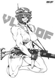 1girls assault_rifle borderlands borderlands_3 bottomless brig_art combat_knife female female_only functionally_nude gun helmet holding_gun knife monochrome moze_(borderlands) muscular muscular_female nude rifle solo topless video_games weapon