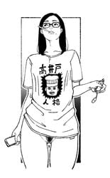 bottomless cowboy_shot female futoshi_slim holding_object holding_vibrator megane monochrome outline pubes pussy realistic sex_toy shirt smartphone solo vibrator