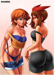 2girls abs alternate_breast_size aozee ass back big_ass big_breasts bike_shorts bikini bra brown_hair bubble_butt cleavage clothed clothing dat_ass eye_contact female_only green_eyes half-closed_eyes hips hourglass_figure human human_only imminent_sex kasumi_(pokemon) large_ass looking_at_another may_(pokemon) may_(pokemon_oras) medium_breasts midriff nintendo pokemon pokemon_frlg pokemon_hgss pokemon_oras pokemon_rgby pose shirt short_hair short_shorts shorts spats tank_top text thick_thighs thin_waist undressing watermark wide_hips yuri