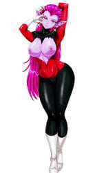 ass blue_skin boots breasts clothed clothed_female clothing cocotte dragon_ball dragon_ball_super earrings erect_nipples female flashing long_hair nipples pink_hair pointy_ears posing skin_tight smile solo thelorope torn_clothes yellow_eyes