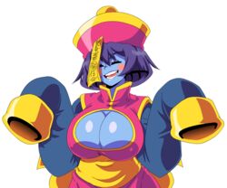 1girls 2d animated animated_gif big_breasts blue_hair blush bouncing_breasts breasts capcom cleavage closed_eyes clothing darkstalkers erect_nipples female female_only gif happy hat hsien_ko jiangshi keyhole large_breasts lei-lei lei_lei lewdamone long_sleeves open_mouth short_hair smile solo