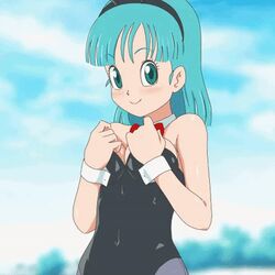 animated animated_gif big_breasts blue_eyes blue_hair bouncing_breasts breasts bulma_(bunny) bulma_briefs bunny_ears bunnysuit dragon_ball female female_only flashing gif goldmondsel impact_(font) meme solo teenager