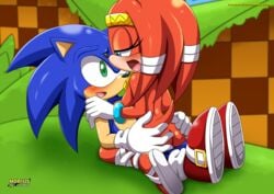 ass_grab blush gloves green_hill_zone looking_at_another male mobius_unleashed outdoors palcomix sandals sneakers sonic_(series) sonic_the_hedgehog tikal_the_echidna