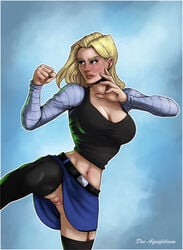 1girls android_18 blonde_hair blue_eyes cleavage curvy deeaquifolium dragon_ball erect_nipples female huge_areolae huge_ass huge_breasts kicking no_panties puffy_nipples short_hair thick_lips upskirt voluptuous wide_hips