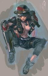 1girls borderlands borderlands_3 breasts_out female female_only helmet looking_at_viewer masateru military military_uniform moze_(borderlands) open_clothes solo