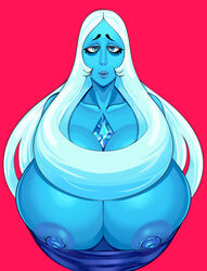 blue_diamond_(steven_universe) blue_skin breasts breasts_out bust busty female gigantic_breasts lips looking_at_viewer milky_way_(artist) pink_background portrait solo steven_universe symmetry white_hair