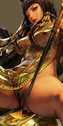 1girls ankh barely_clothed barely_visible_genitalia barely_visible_pussy big_breasts black_hair breasts c-string cat_ears cleopatra destiny_child egyptian female female_focus hair_ornament hi_res human hyulla large_breasts legs_apart long_hair looking_at_viewer maebari middle_eastern_mythology nipple_covers pasties presenting red_eyes see-through solo solo_female solo_focus spread_legs staff transparent_clothing