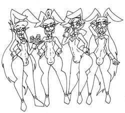 4boys androgynous aryll black_and_white bulge bunny_ears bunny_girl bunnysuit bunnysuit_bulge da-fuze femboy girly link looking_at_viewer male male_only monochrome multiple_boys princess_zelda rule_63 smile tetra the_legend_of_zelda the_wind_waker thick_thighs toon_zelda trap waitress wind_waker