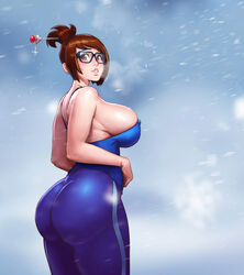 ass bare_arms bare_shoulders big_ass big_breasts blush breasts brown_eyes brown_hair busty cleavage erect_nipples female female_focus female_only glasses huge_breasts kupocun large_breasts leggings lipstick long_hair mei_(overwatch) nipple_bulge overflowing_breasts overwatch pinup pose posing sideboob skin_tight snow solo standing tank_top thick_thighs thunder_thighs tied_hair wide_hips