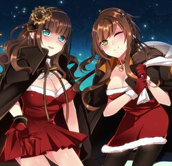 2girls ;) aqua_eyes bell black_legwear braid breasts brown_hair cape cardia_beckford cleavage code:realize collar collar_x_malice gear_hair_ornament gloves green_eyes hair_ornament hoshino_ichika large_breasts looking_at_viewer one_eye_closed otomate over_shoulder pantyhose red_gloves s2cikn_(yuzu) sack santa_outfit smile standing