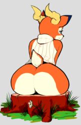 1boy 1femboy 2018 animal_crossing anthro ass beau_(animal_crossing) big_ass blue_eyes bottomless deer femboy from_behind furry grass horns latchk3y male male_only nintendo orange_fur sitting smile solo sweater tail tree_stump white_fur