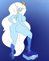 1girls adventure_time ass back_view blue_background blue_skin blue_theme cartoon_network crown gradient_background high_heels ice_queen_(adventure_time) looking_at_viewer mightycock nude simple_background solo standing white_hair