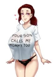 1girls ayako_(twrlare) breasts cleavage female female_only huge_breasts looking_at_viewer meme mommy_kink mother original original_character panties solo t-shirt text twrlare you your_son_calls_me_mommy_too