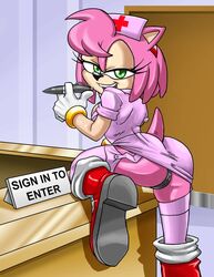 1girls amy_rose ass boots doctor_outfit female female_only gloves green_eyes half-closed_eyes kandlin nurse nurse_uniform pen pink_fur pink_hair sonic_(series)