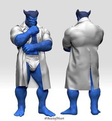 1boy 3d 3d_(artwork) anthro back back_view bara beard beast_(x-men) beastofheart biceps blue_body blue_eyes blue_hair blue_nipples blue_skin blue_skinned_male body_hair bulge chest_hair clothed clothing coat dilf facial_hair front_view furry hairy hairy_arms hairy_back hairy_chest hairy_legs hairy_male hank_mccoy male male_focus male_only marvel marvel_comics mature mature_male muscle muscles muscular muscular_male nipples penis_outline pose posing simple_background solo solo_focus solo_male standing underwear white_background white_coat white_underwear x-men