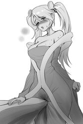 1girls bare_shoulders blush breasts cleavage clenched_hand dress female grayscale highres large_breasts league_of_legends masturbation mole mole_on_breast one_eye_closed r8-18 sketch solo sona_buvelle sweat table_humping twintails wide_hips