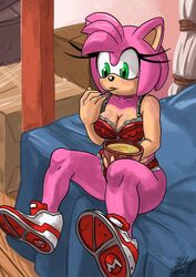 1girls amy_rose bed bra breasts eating female female_only green_eyes omegazuel on_bed pink_fur pink_hair shoes sonic_(series) soup