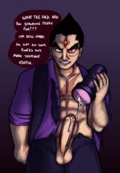 artificial_vagina black_hair clothed_male cum cum_in_toy english_text kazuya_mishima looking_at_viewer male male_focus male_only multicolored_eyes onahole solo solo_focus solo_male tekken text