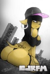 anthro ass big_ass big_butt black_hair black_shirt bottom_heavy breasts bubble_butt catgirl city eyelashes feline kiesha_the_dog kiesha_valentine looking_at_viewer looking_back original_character scifijackrabbit shirt_on_shoulders smutbunny tail thick_ass thick_legs thick_thighs tramp_stamp yellow_fur