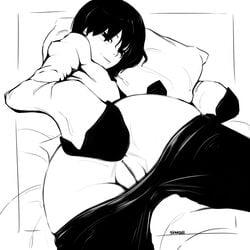 1girls ass bakemonogatari black_and_white bottomless clothed eye_contact female hair_over_one_eye half-closed_eyes looking_at_viewer monochrome monogatari_(series) oshino_ougi pants_down pillow pussy seraziel sketch solo text watermark