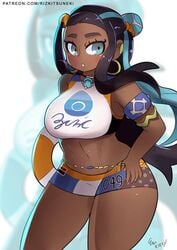 1girls abs alternate_breast_size big_ass big_breasts big_eyes black_hair blue_eyes blue_hair bracelet clothed dark-skinned_female dark_skin earrings eye_contact eyeshadow female hoop_earrings large_ass large_breasts long_hair looking_at_viewer makeup miiyauwu nessa_(pokemon) nintendo patreon pokemon pokemon_ss pose rizkitsuneki shorts tank_top text thick_thighs thigh_gap url watermark wide_hips