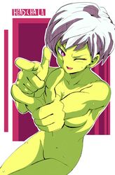 1girls alien alien_girl armpits bare_shoulders breasts cheelai covering_nipples dragon_ball dragon_ball_super eye_contact eyelashes female female_only green_skin half-closed_eyes head-cha-la humanoid looking_at_viewer nude one_eye_closed pink_eyes pointing pose purple_background short_hair sideboob smile solo sweat teeth text tongue watermark wet white_border white_hair wink