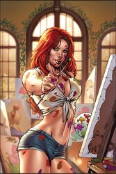 1girls belinda_(zenescope) big_breasts breasts busty canvas cleavage comic_cover cutoff_jeans cutoffs daisy_dukes diego_bernard easel eye_contact fairy_tales female female_only green_eyes grimm_fairy_tales_zenescope grimms'_fairy_tales hot_pants human jeans large_breasts looking_at_viewer nei_ruffino offering official_art paint paintbrush painter painting paintings pinup red_hair seductive_look seductive_smile shirt short_jeans short_shirt short_shorts solo stained_clothes thighs white_shirt zenescope