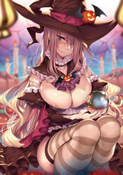 areola_slip areolae asymmetrical_bangs ball bandages bangs blonde_hair blurry blurry_background blush breasts candle cleavage closed_mouth collarbone comic_exe crystal_ball detached_collar detached_sleeves dress eyebrows_visible_through_hair eyes_visible_through_hair female frilled_dress frills furrowed_eyebrows hair_over_one_eye hat highres holding holding_ball large_breasts lips long_hair long_sleeves looking_at_viewer nail_polish nipple_slip nipples no_bra one_eye_covered original pink_nails piromizu puffy_long_sleeves puffy_sleeves purple_eyes short_dress sidelocks solo squatting striped striped_legwear thighhighs wavy_hair witch witch_hat