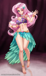 1girls barefoot belly belly_dancer belly_dancer_outfit blue_eyes blush bracelet breasts cleavage clothing dancer_outfit feet female female_only fluttershy_(mlp) friendship_is_magic harem_outfit human human_only humanized jewelry long_hair my_little_pony navel necklace one_eye_closed pink_hair racoonkun shiny shiny_hair shiny_skin smile solo straight_hair thighs toes