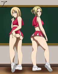 2girls annie_leonhardt arekusanderu ass attack_on_titan blonde_hair cheerleader cheerleader_uniform christa_lenz hair_bun historia_reiss looking_back shingeki_no_kyojin shoes skirt tagme thighs