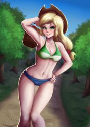 abs applejack_(eg) applejack_(mlp) arm_up armpits bikini_top female friendship_is_magic humanized my_little_pony ponytail short_shorts solo straight_hair the-park