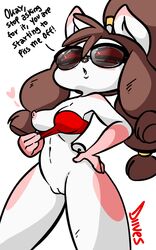 anthro diives female furry nipple_slip no_humans nude nude_female original_character patreon pig red_bikini revealing shades text watermark white_skin xingzuo_temple yumi_(diives)