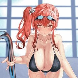 animated azur_lane bikini bouncing_breasts cleavage female huge_breasts long_hair poolside red_hair sitting thick_thighs yellow_eyes zara_(azur_lane)