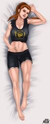 1girls 2d abdomen abs barefoot bed belly belly_button biceps breasts brigitte brown_eyes brown_hair cleavage clothed clothing dakimakura feet female female_only looking_at_viewer medium_breasts muscle muscular muscular_female neroxliv overwatch pale_skin ponytail shirt shorts solo solo_female stomach tattoo tattoos toes white_skin