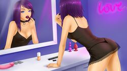 bending_over black_lingerie fap_ceo g-string kelly_(fap_ceo) lingerie lipstick negligee purple_eyes purple_hair