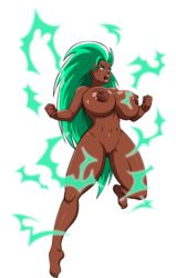 ale-mangekyo areolae big_breasts breasts brown_skin commission female green_eyes green_hair lightning nipples nude solo