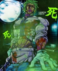 1boy abs blood cioccolata eye_contact garbage gay gore green_hair guro half-closed_eyes jojo's_bizarre_adventure liquidationlashes looking_at_viewer male pubic_hair solo surgery text vento_aureo watermark