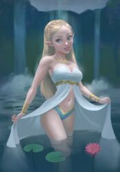 1girls bathing blonde_hair blue_eyes braided_hair breasts breath_of_the_wild cleavage clothing demigoddess eyeshadow female female_only hylian lingerie lipstick long_hair navel nintendo panties picklechippy pointy_ears pond princess_zelda smile softcore solo spring_of_power standing the_legend_of_zelda thighs triforce_bracelet water zelda's_ceremonial_robes zelda_(breath_of_the_wild)