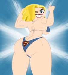 ass_cleavage big_ass bikini blonde_hair butt_crack codykins123 dc dc_comics dc_super_hero_girls flexing kara_danvers logo_panties looking_at_viewer looking_back muscles muscular_female one_eye_closed print_panties sideboob smile supergirl supergirl_panties swimsuit