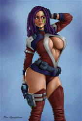 ass ass athletic big_breasts breasts busty cleavage cleavage_cutout dark-skinned_female dark_skin deeaquifolium dreadlocks erect_nipples facepaint female female_focus female_only fingerless_gloves gloves green_eyes huge_breasts large_breasts long_hair navel nipple_bulge officer purple_hair science_fiction sideboob solo space spacesuit tagme thigh_boots thigh_holster uniform