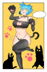 :3 barefoot bell_collar blue_hair blush cat_cutout cat_lingerie cats cleavage cute_fang elbow_gloves feline female frame gloves heterochromia large_breasts lingerie nekomimi open_mouth paw_gloves pose ppapmang short_hair solo speech_bubble standing standing_on_one_leg thighhighs wide_hips