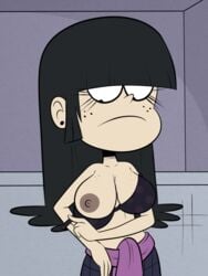 1girls areola areolae bangs big_breasts big_nipples black_hair blunt_bangs bra breasts female female_only freckles large_areolae large_breasts maggie maggie_(the_loud_house) nipples scobionicle99 solo straight_hair the_loud_house undressing