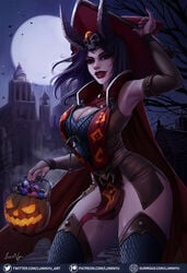 1girls 2019 2d armpits ashe_(overwatch) big_breasts blizzard_entertainment blue_hair breasts candy cleavage clothed clothing female female_only hat holding horn horns lipstick looking_at_viewer lootbox luminyu makeup no_panties overwatch pumpkin red_eyes red_lipstick skull solo solo_focus thick_thighs thighs warlock warlock_ashe