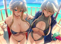 2girls artoria_pendragon artoria_pendragon_(lancer) artoria_pendragon_(lancer_alter) beach big_breasts bikini blush eyebrows_visible_through_hair fate/grand_order fate_(series) looking_at_viewer multiple_girls satou_daiji sea seaside wide_hips