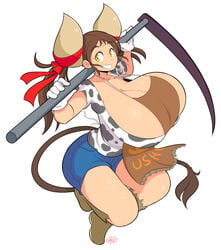 animal_tail apron big_horns bouncing_breasts bovine breasts brown_hair bursting_breasts cleavage cow_girl cow_horns cow_print cow_tail curvy female_minotaur gigantic_breasts gloves gritted_teeth happy horns hourglass_figure jumping minotaur minotaur_female minotaur_girl monster_girl necklace pose scythe shorts signature smile smiling sukimi_(hataraki_ari) swinging_breasts tagme tail tail_tuft theycallhimcake white_background