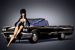 andrew_tarusov black_hair breasts car dagger elvira elvira:_mistress_of_the_dark exposed_breasts goth gothic heels legs looking_at_viewer nipples pinup posing vehicle