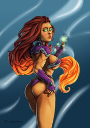 arm_sleeves ass athletic bare_legs bare_midriff biceps big_breasts blush breasts busty dc dc_comics deeaquifolium female female_focus g-string green_eyes koriand'r long_hair nail_polish new_52 orange_skin pinup pose posing power red_hair sideboob skimpy skimpy_clothes solo standing starfire teen_titans thick_lips thong underboob wedgie