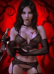 1girls alice_(madness_returns) alice_in_wonderland alice_liddell alice_madness_returns american_mcgee's_alice black_hair black_lingerie blood bloody_knife blue_eyes goth lingerie logan_cure long_hair looking_at_viewer panties small_panties tagme